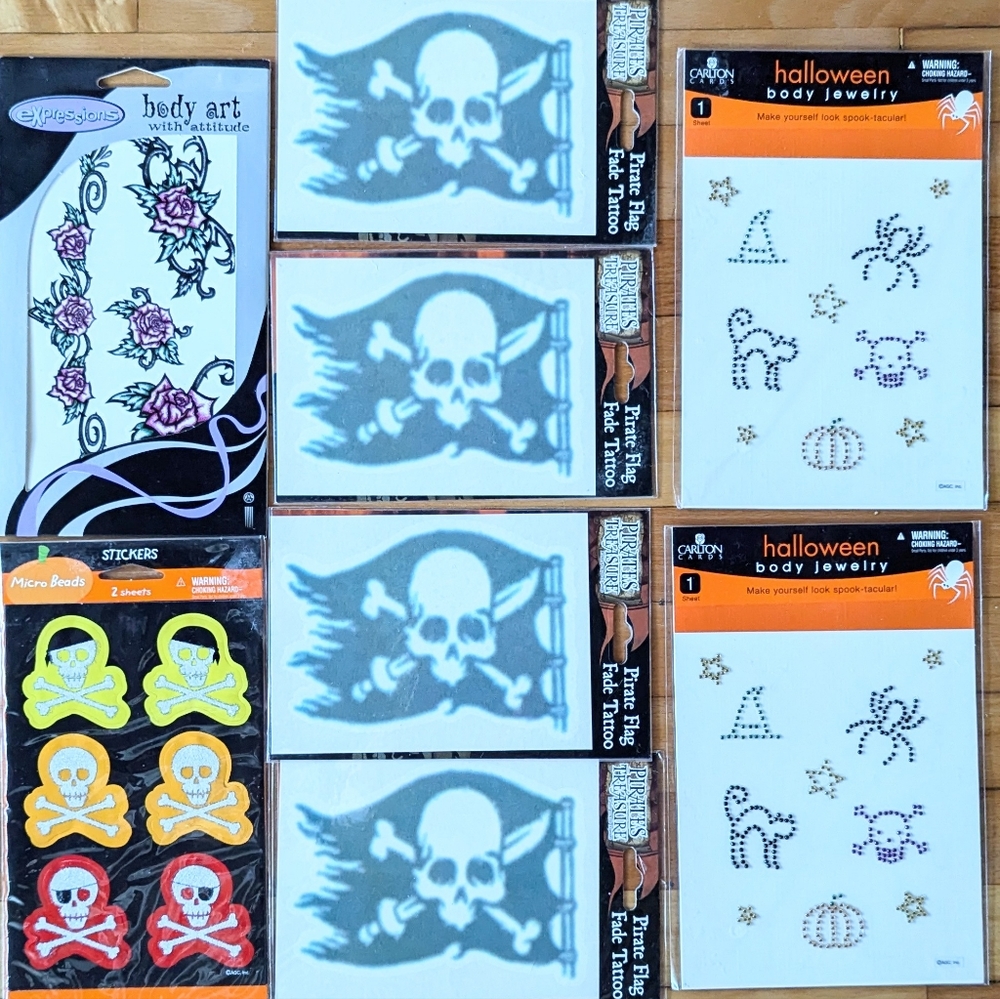 🆕 Halloween / pirate variety themed temporary tattoos, body art, stickers set